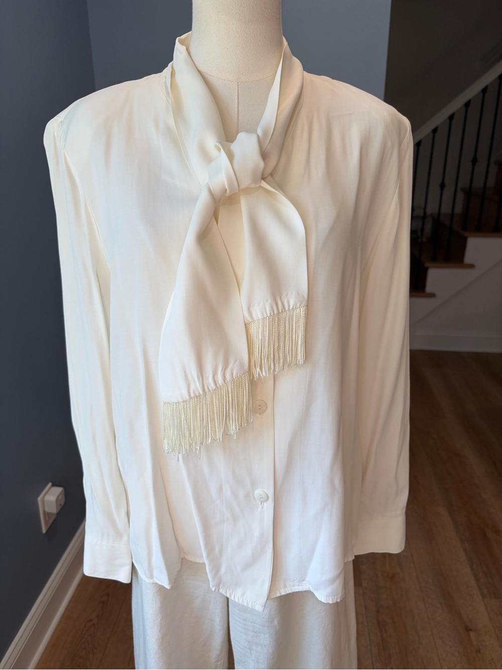 Vintage Norton McNaughton Ivory Fringe Tie Neck Blouse Secretary Size 14